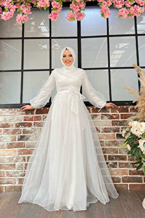 Omuz Şerit Detay Bel Bağlamalı Tül Abiye Elbise 3964 Ekru