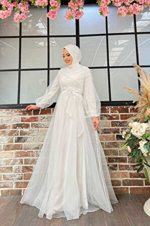 Omuz Şerit Detay Bel Bağlamalı Tül Abiye Elbise 3964 Ekru
