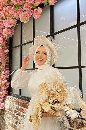 Omuz Şerit Detay Bel Bağlamalı Tül Abiye Elbise 3964 Ekru