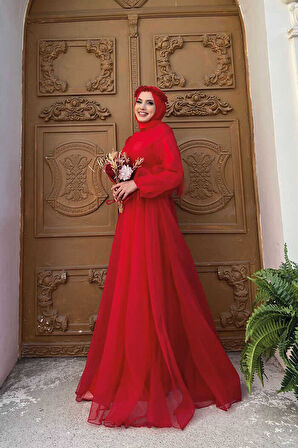 Omuz Şerit Detay Bel Bağlamalı Tül Abiye Elbise 3964 Kırmızı