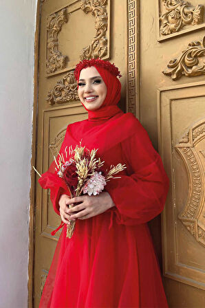 Omuz Şerit Detay Bel Bağlamalı Tül Abiye Elbise 3964 Kırmızı