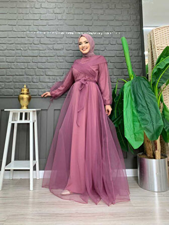 Omuz Şerit Detay Bel Bağlamalı Tül Abiye Elbise 3964 Lila