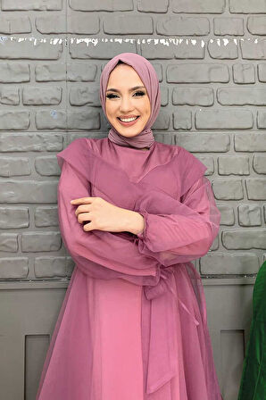 Omuz Şerit Detay Bel Bağlamalı Tül Abiye Elbise 3964 Lila