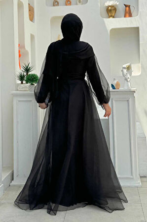 Omuz Şerit Detay Bel Bağlamalı Tül Abiye Elbise 3964 Siyah