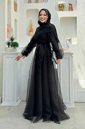 Omuz Şerit Detay Bel Bağlamalı Tül Abiye Elbise 3964 Siyah