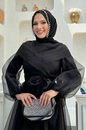 Omuz Şerit Detay Bel Bağlamalı Tül Abiye Elbise 3964 Siyah