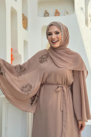 Yarasakol Tek Kol Baskılı Şifon Astarlı Abiye Elbise 3539 Vizon