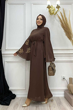 Yarasakol Tek Kol Baskılı Şifon Astarlı Abiye Elbise 3539 Kahverengi