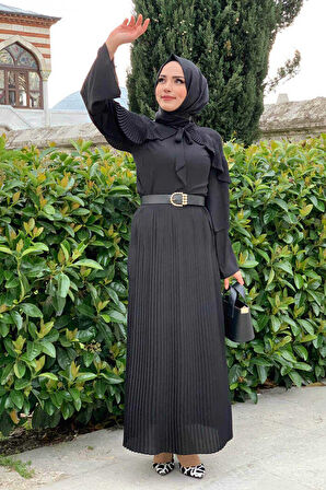 Omuz Fırfır Görünümlü Yaka Bağlamalı Katlı Kol Detay Bluz 5263 Siyah