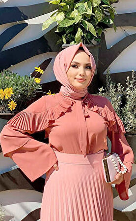 Omuz Fırfır Görünümlü Yaka Bağlamalı Katlı Kol Detay Bluz 5263 Gül Kurusu