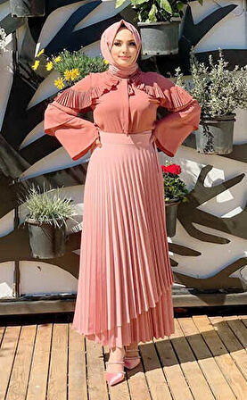 Omuz Fırfır Görünümlü Yaka Bağlamalı Katlı Kol Detay Bluz 5263 Gül Kurusu