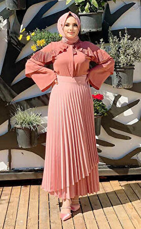 Omuz Fırfır Görünümlü Yaka Bağlamalı Katlı Kol Detay Bluz 5263 Gül Kurusu