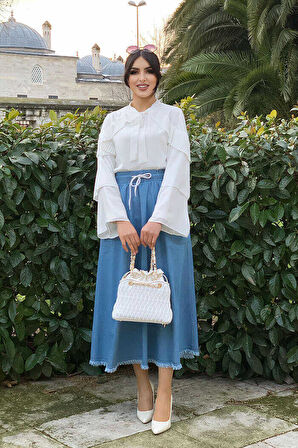 Omuz Fırfır Görünümlü Yaka Bağlamalı Katlı Kol Detay Bluz 5263 Ekru