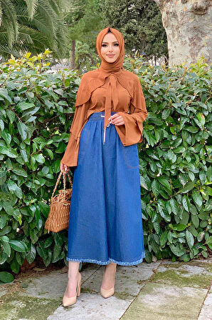 Omuz Fırfır Görünümlü Yaka Bağlamalı Katlı Kol Detay Bluz 5263 Taba