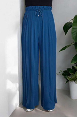 Bel Lastikli Bağcık Görünümlü Piliseli Pantolon 0129 Petrol Mavisi