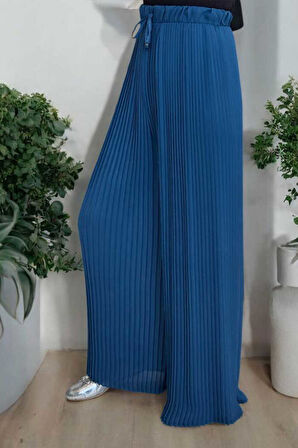 Bel Lastikli Bağcık Görünümlü Piliseli Pantolon 0129 Petrol Mavisi