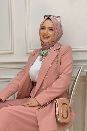 Düğme Detay Blazer Ceket Bol Pantolon Takım 8302 Pudra