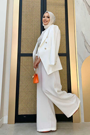 Düğme Detay Blazer Ceket Bol Pantolon Takım 8302 Ekru