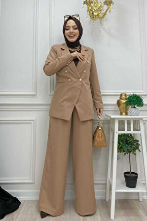 Düğme Detay Blazer Ceket Bol Pantolon Takım 8302 Vizon