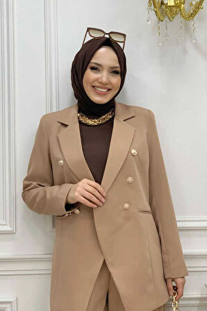 Düğme Detay Blazer Ceket Bol Pantolon Takım 8302 Vizon