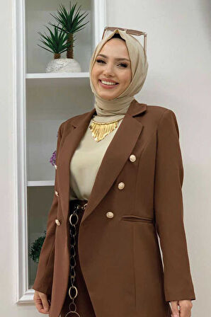 Düğme Detay Blazer Ceket Bol Pantolon Takım 8302 Kahverengi