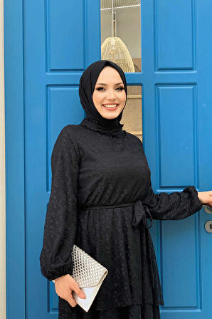 Dantel Kat Kat Detaylı Kol Manşetleri Lastikli Kuşaklı Astarlı Elbise 3614 Siyah