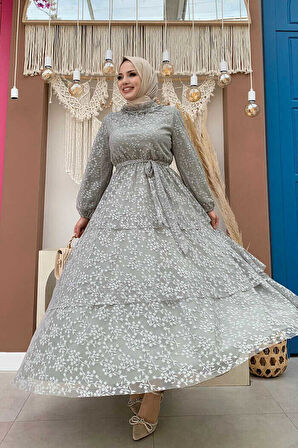 Dantel Kat Kat Detaylı Kol Manşetleri Lastikli Kuşaklı Astarlı Elbise 3614 Mint