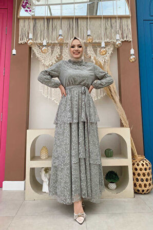 Dantel Kat Kat Detaylı Kol Manşetleri Lastikli Kuşaklı Astarlı Elbise 3614 Mint