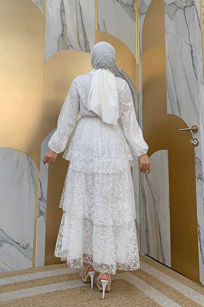 Dantel Kat Kat Detaylı Kol Manşetleri Lastikli Kuşaklı Astarlı Elbise 3614 Ekru