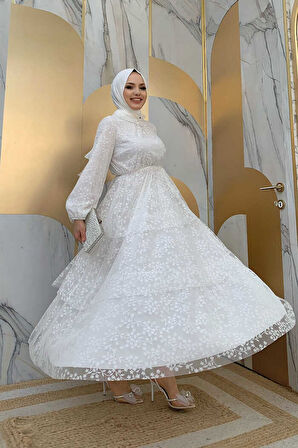 Dantel Kat Kat Detaylı Kol Manşetleri Lastikli Kuşaklı Astarlı Elbise 3614 Ekru