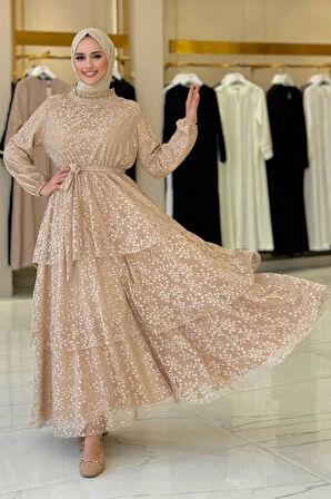 Dantel Kat Kat Detaylı Kol Manşetleri Lastikli Kuşaklı Astarlı Elbise 3614 Vizon