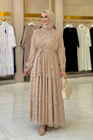 Dantel Kat Kat Detaylı Kol Manşetleri Lastikli Kuşaklı Astarlı Elbise 3614 Vizon