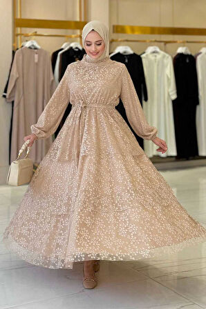 Dantel Kat Kat Detaylı Kol Manşetleri Lastikli Kuşaklı Astarlı Elbise 3614 Vizon