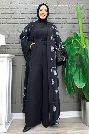 Desenli Abaya Düz Cep Detay Kuşaklı Sıfır Kol Tulum Takım 8312 Siyah