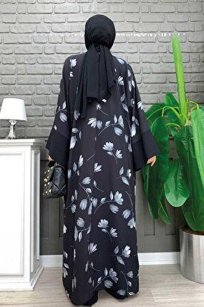 Desenli Abaya Düz Cep Detay Kuşaklı Sıfır Kol Tulum Takım 8312 Siyah