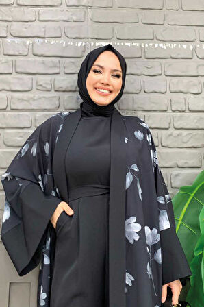 Desenli Abaya Düz Cep Detay Kuşaklı Sıfır Kol Tulum Takım 8312 Siyah