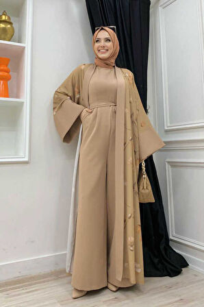 Desenli Abaya Düz Cep Detay Kuşaklı Sıfır Kol Tulum Takım 8312 Taba