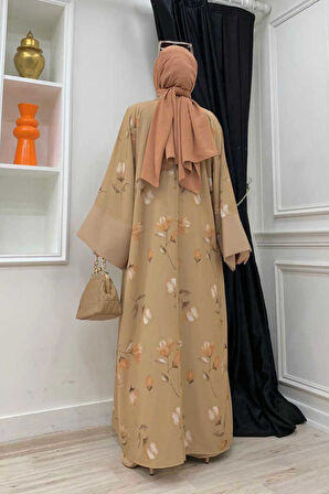 Desenli Abaya Düz Cep Detay Kuşaklı Sıfır Kol Tulum Takım 8312 Taba