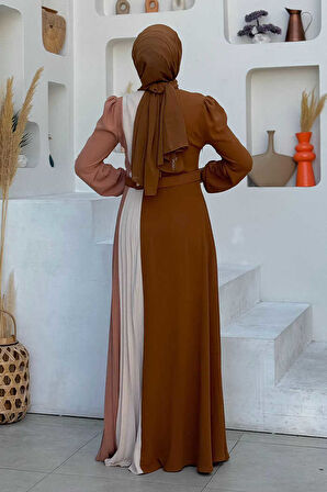 Üç Renkli Bel Kemer Pilise Detay Elbise 3622 Taba