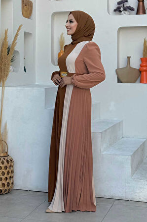 Üç Renkli Bel Kemer Pilise Detay Elbise 3622 Taba