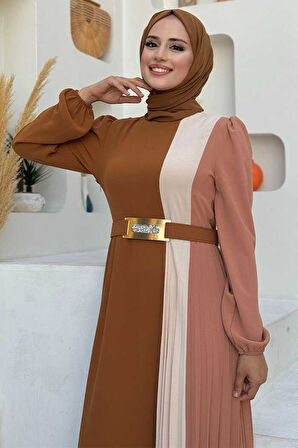 Üç Renkli Bel Kemer Pilise Detay Elbise 3622 Taba