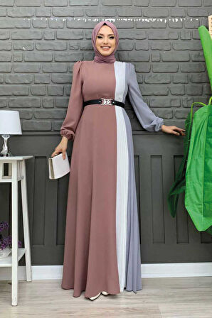 Üç Renkli Bel Kemer Pilise Detay Elbise 3622 Füme