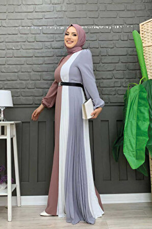 Üç Renkli Bel Kemer Pilise Detay Elbise 3622 Füme