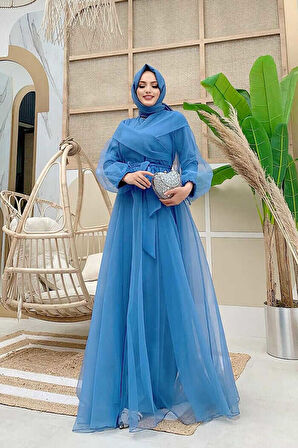 Omuz Şerit Detay Bel Bağlamalı Tül Abiye Elbise 3964 İndigo