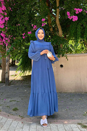 Piliseli Fırfır Görünümlü Bel Kuşaklı Şifon Elbise 3628 İndigo