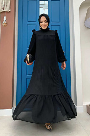 Piliseli Fırfır Görünümlü Bel Kuşaklı Şifon Elbise 3628 Siyah