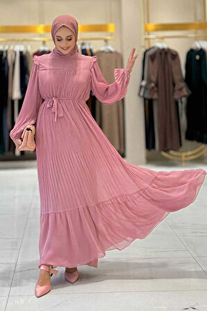 Piliseli Fırfır Görünümlü Bel Kuşaklı Şifon Elbise 3628 Pudra