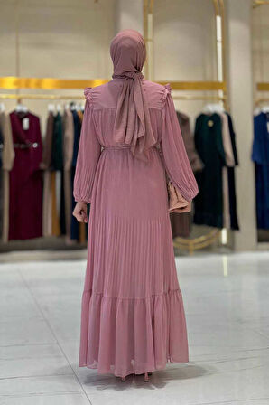Piliseli Fırfır Görünümlü Bel Kuşaklı Şifon Elbise 3628 Pudra