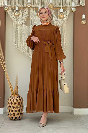 Piliseli Fırfır Görünümlü Bel Kuşaklı Şifon Elbise 3628 Taba