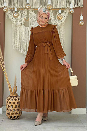 Piliseli Fırfır Görünümlü Bel Kuşaklı Şifon Elbise 3628 Taba